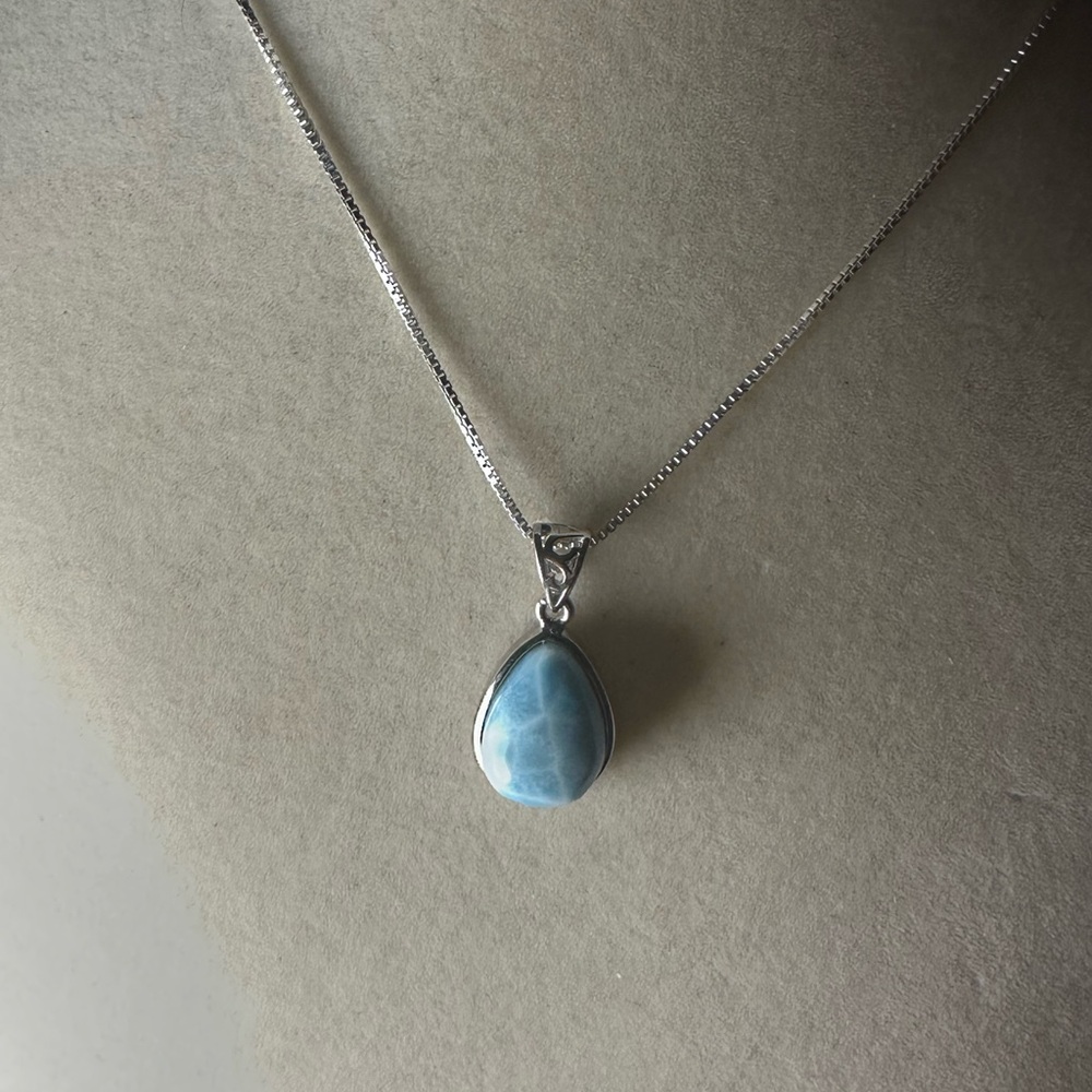 Larimar and Sterling Silver Teardrop Pendant Necklace on Sterling Silver Chain - Picture 10 of 11